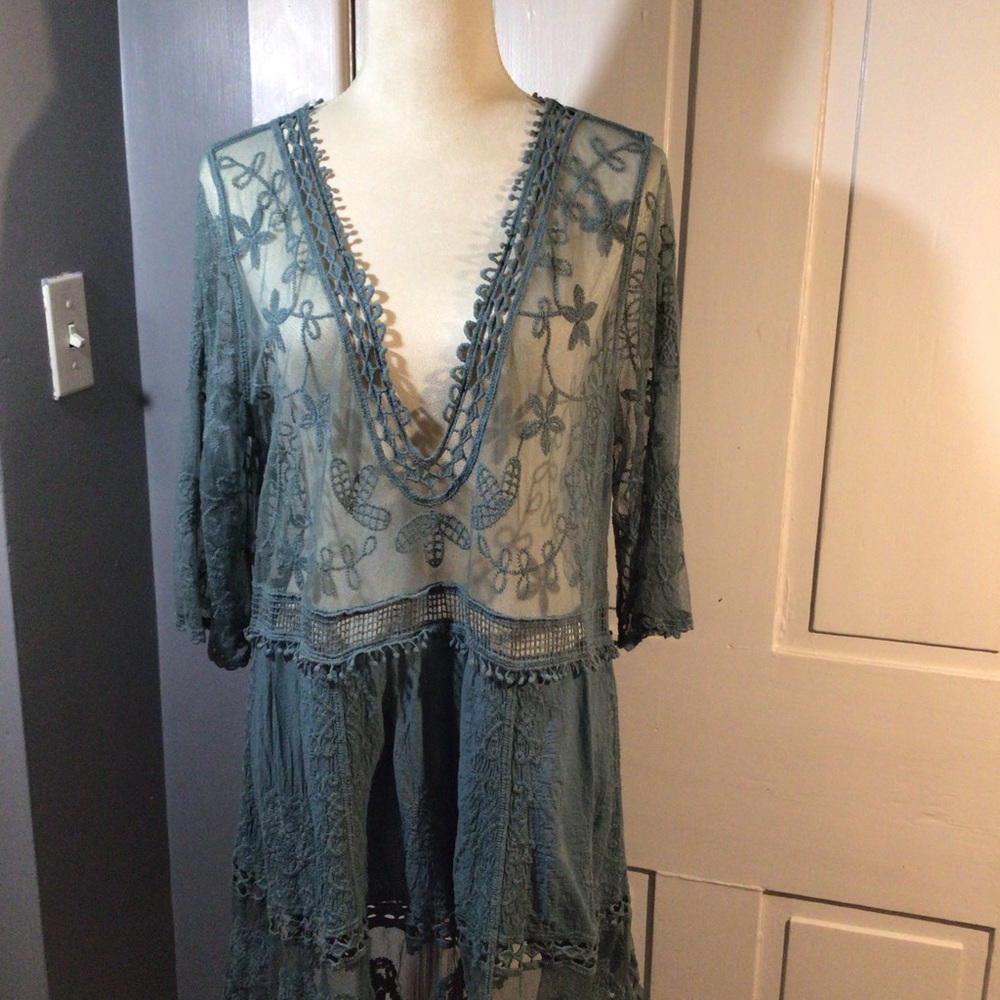 Women’s Teal Lace Cover-Up Dress - Lightweight Embroidered Swim Wrap
